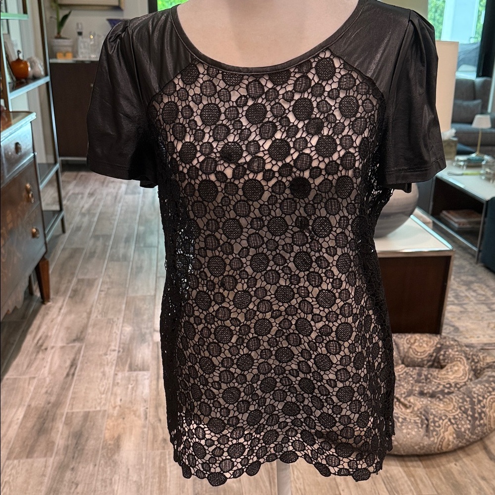 Elegant Black Lace Top with Faux Leather Short Sleeves, size 4
